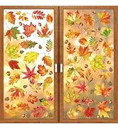 Fall Leaves Window Clings for Glass Windows, 9 Sheets 112 Pcs Autumn Maple Leaves Pine Cones Wind...