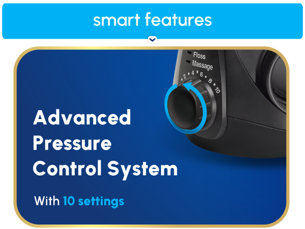 Image of Waterpik floss machine settings dial with text reading advanced pressure control system.