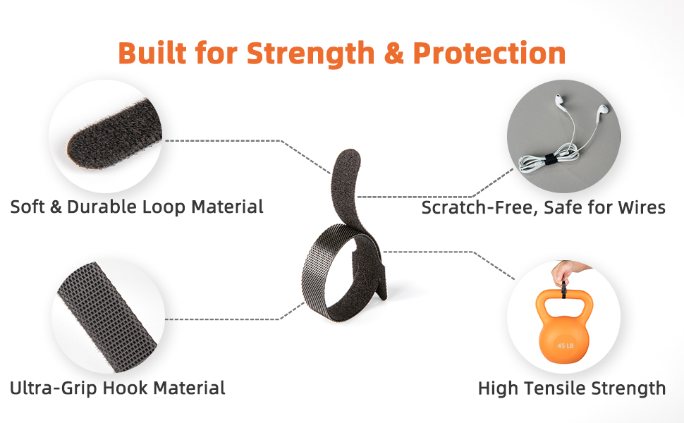 Built for Strength & Protection,Ultra-Grip Hook Material,Soft & Durable Loop Material,Safe for Wires