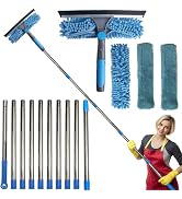 20+ Feet Reach Blue 2 in 1 Window Washing Squeegee & Duster with 3-14 ft Spliceable Extension Pol...