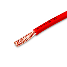 Red insulated electrical wire with exposed copper strands at one end, showing internal conductor construction against white background.