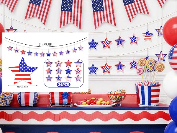 24 Pcs Patriotic Star Hanging Decorations