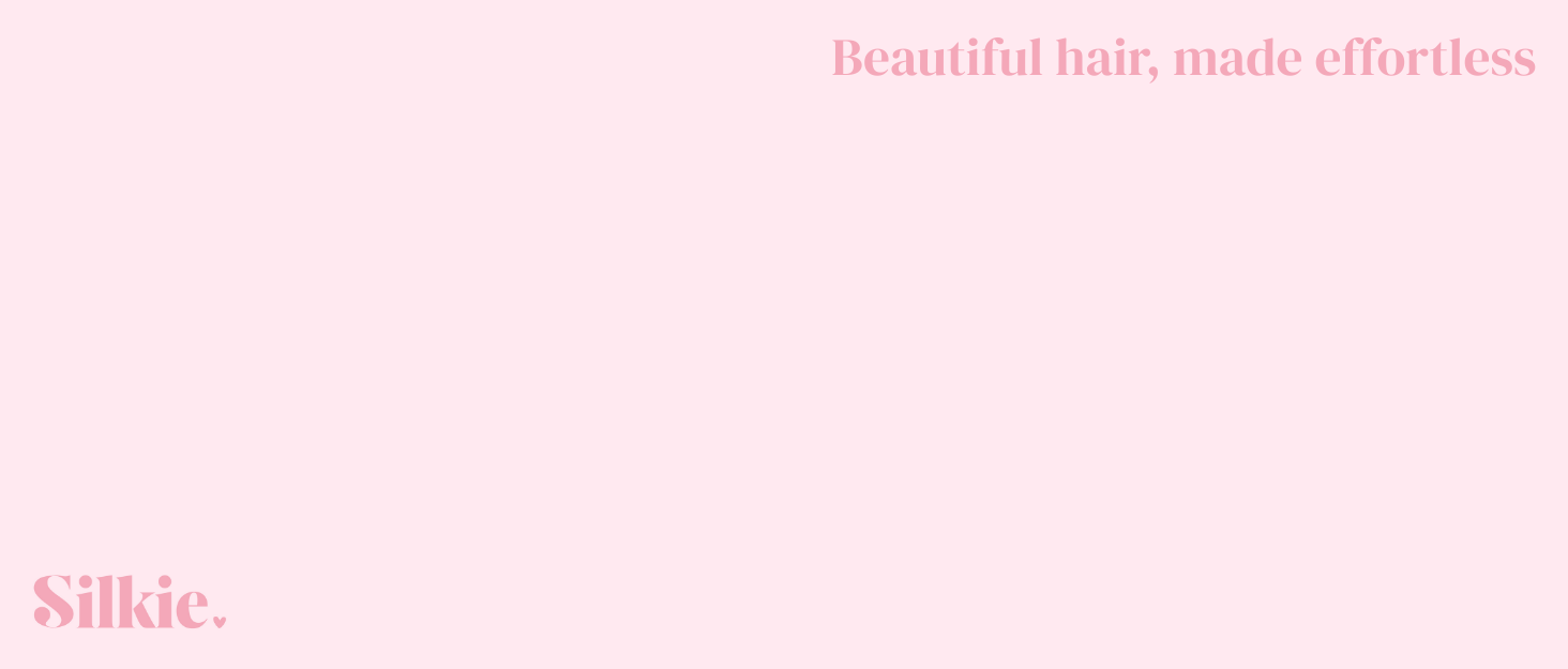 Pink background with text 'Beautiful hair, made effortless' and 'Silkie' in lighter pink. No product visible.
