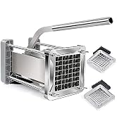 Stainless steel french fry cutter with interchangeable blade grids. Features a long handle for leverage and two sizes of cutting blades for different fry thicknesses.