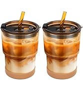 Zukro 13 oz/400ml Glass Iced Coffee Cups with Lids and Straw| Leakproof Reusable Cute Thick Wall ...