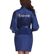 Vlazom Women's Satin Robe Short Kimono Bathrobes for Bride & Bridesmaid Wedding Party Robes with ...