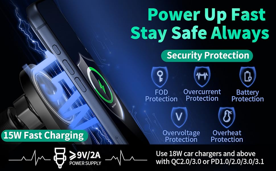 Text: 'Beautiful for a long time', 'Power Up Fast'. Marketing banner with glowing blue tech-themed design elements and product features.