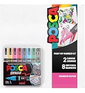 POSCA Canvas Paint by Number Kit, Rainbow Safari - 8 Acrylic Markers with 2 Pre-Drawn Canvases - ...