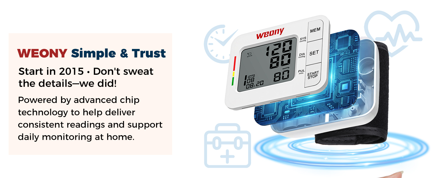 WEONY Wrist Cuff Blood Pressure Monitor for Home Use, One-Touch Operation, Accurate Results
