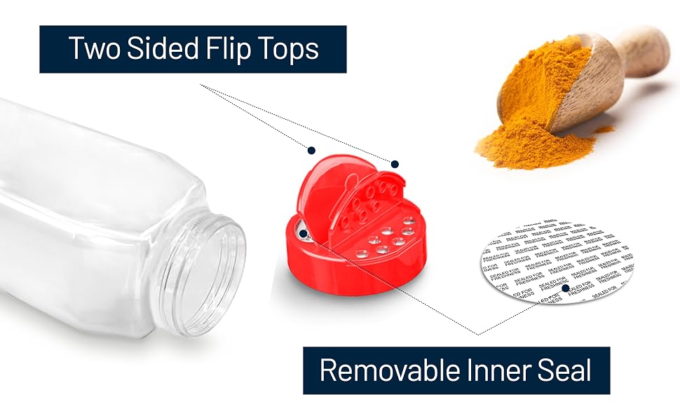 Spice jars with two sided flip tops lids