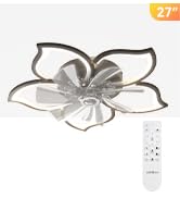 addlon Low Profile Flush Mount Ceiling Fans with Lights, 27” Black Modern Dimmable Flower Shape C...