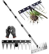 Joysuga Iron Weed Rake with 71" Adjustable Long Handle, 8 Teeth Manual Weed Remover Tool Heavy Du...