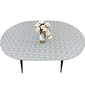 LIBERECOO Oval Tablecloth Vinyl Fitted Elastic Edge with Flannel Backing - Gray Geometric Pattern...