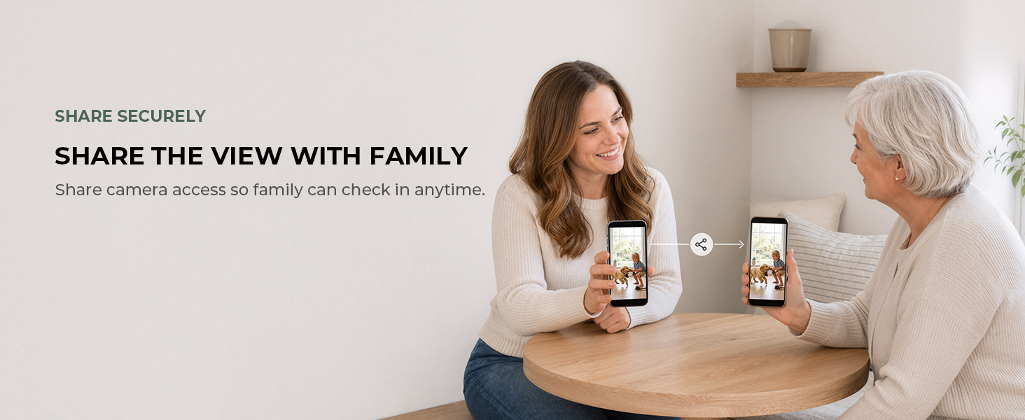 Family members view and share the camera feed on smartphones.