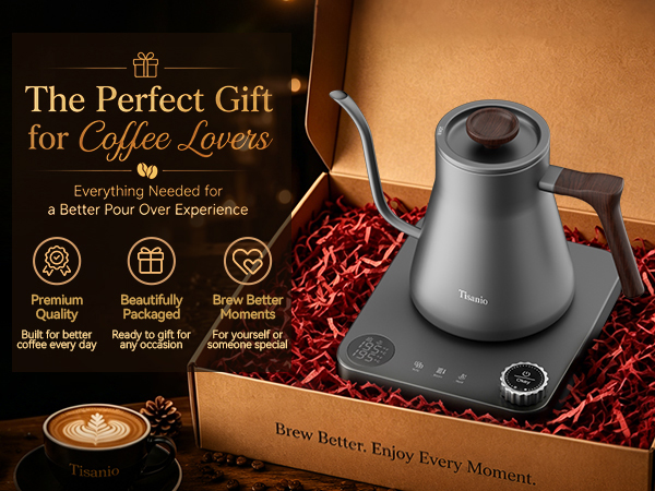 Gray wood grain gooseneck electric kettle for precision pour over coffee brewing