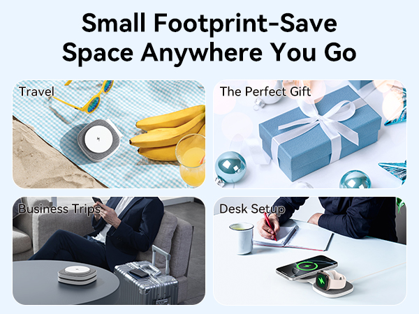 Text reads: 'Small Footprint-Save Space Anywhere You Go', 'Travel', 'Business Trips', 'Desk Setup', 'The Perfect Gift'. Collage showing compact electronic device in various settings with blue gift box and everyday items.