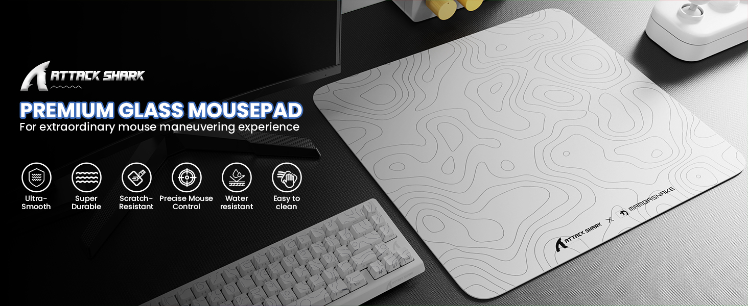 ATTACK SHARK CM05 Large Glass Gaming Mouse Pad - 450x400mm Nano-Textured Glass for Precision Speed