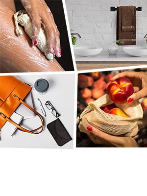 a collage of photos with a woman's hand and a bag of apples