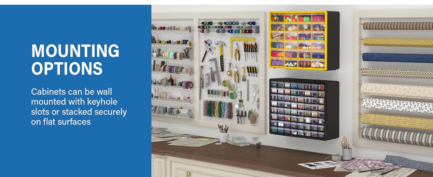 Cabinets can be wall mounted with keyhole slots or stacked securely on flat surfaces