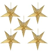 Mikikit 5Pcs Hanging Paper Star: Golden Hollow Out Paper Star Hanging Star Lampshade Decoration f...