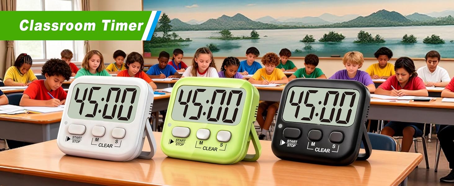 Text reads 'Classroom Timer'. Multiple digital timers displaying 15:00 arranged in rows against landscape background.
