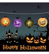 Halloween Decoration Lantern, 4 Pcs Halloween Paper Lanterns with LED Light,Scary Halloween Holid...