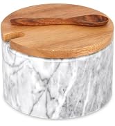 HESHIBI Marble Salt Cellar Box with Wood Lid & Spoon, Modern White Stone Salt or Pepper Sugar Spi...
