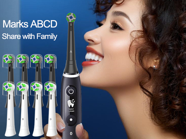 Electric toothbrush with multiple brush heads. Black main unit with power button and mode indicator. White alternatives shown. Text mentions 'Share with Family' and 'Marks ABCD'.