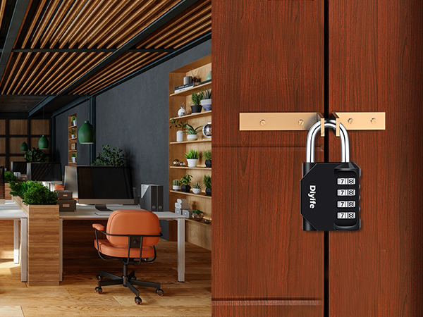 a combination lock on a wooden door