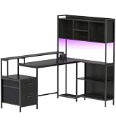 HOOBRO 64” Computer Desk with Hutch, L Shaped Gaming Desk with Drawers | L Shaped Computer Desk w...