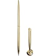 WLngtv Gold Metal Desk Pen Set with Stand, Round Holder Base, Office Signing Ballpoint Pen, for W...
