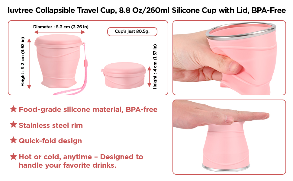 Silicone Collapsible Travel Cup with Dustproof Lid, 8.8 Oz/260ml, BPA-Free, Portable, Reusable
