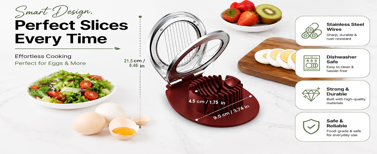 Egg slicer dimensions showing compact size for easy storage and convenient everyday kitchen use.