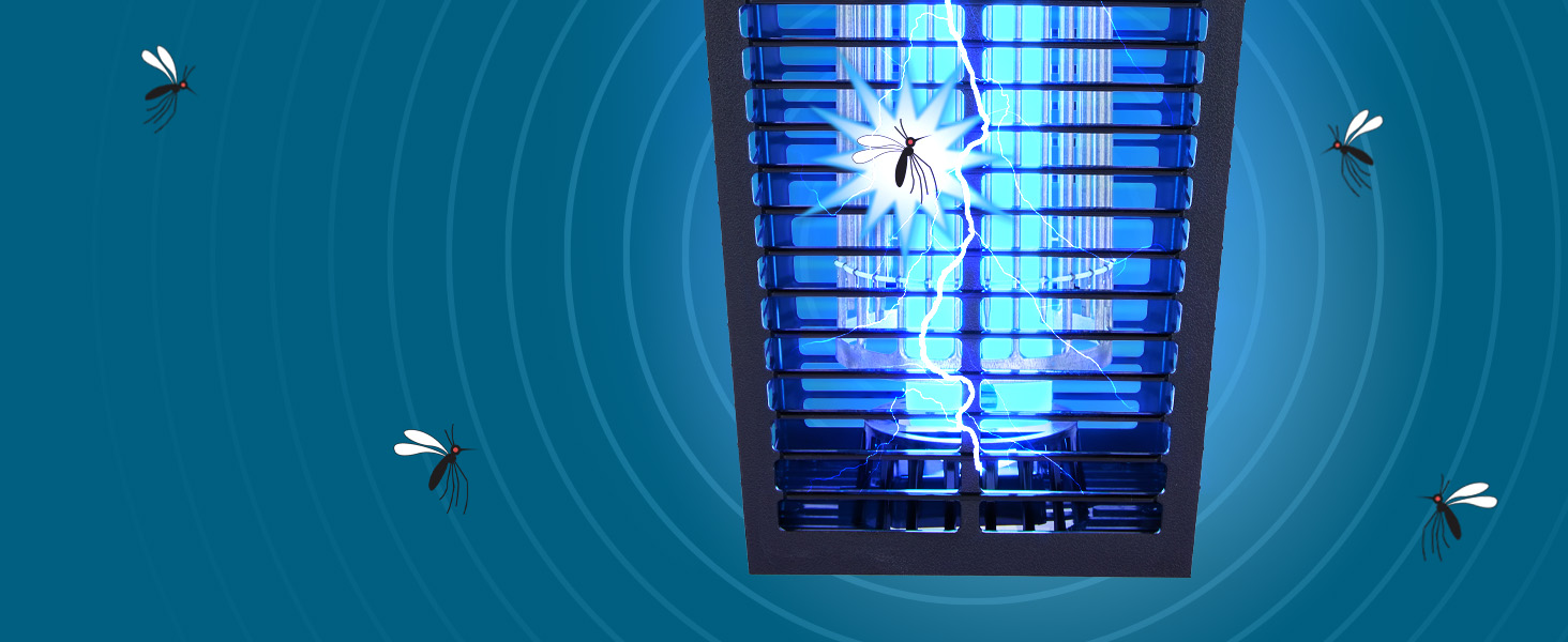 Closeup of bug zapper's electrified grid zapping a bug with other bugs flying around
