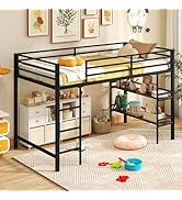 Giantex Low Loft Bed Twin Size, Heavy Duty Metal Frame w/Storage Shelves, Ladder & Full-Length Gu...