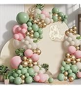 Sage Green Pink Balloons Garland Kit,133pcs Olive Green Blush Pink Sand White Metallic Gold Ballo...