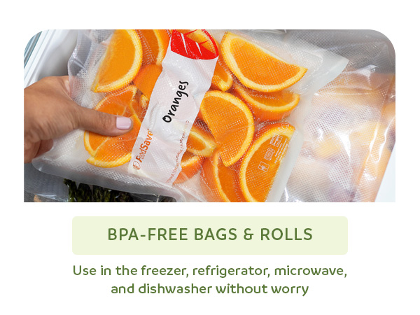 Hand holding a bag of orange slices with BPA-free text