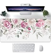 Large Gaming Mouse Pad for Desk,Pink Peony Flowers Eucalyptus Leaves Desk Mat,Watercolor Floral D...