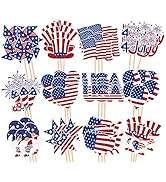 Whaline 72Pcs Patriotic Cupcake Topper Glitter 4th of July Cupcake Picks 12 Designs Cartoon Red W...