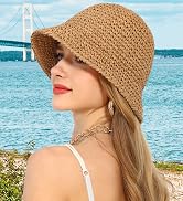 Womens Sun Hat Handmade Straw Bucket UV Protection Wide Brim Packable Travel Summer