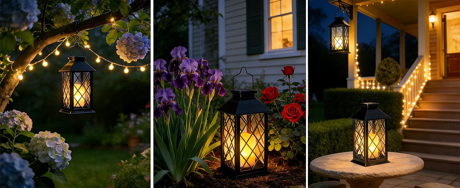 Three-panel collage showing outdoor lanterns in garden settings: among flowers, on steps, and with evening ambiance. Lanterns emit warm lighting in each scene.