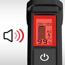 Digital meter display showing 70V-1KV AC measurement range with percentage indicator and power button, featuring sound wave indicator icon.