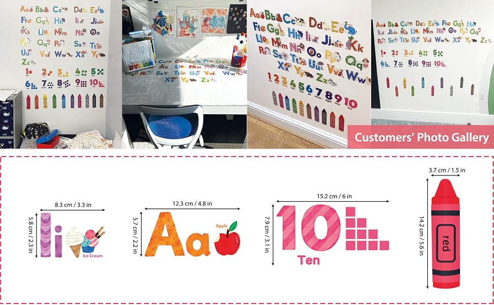Educational wall decals featuring colorful alphabet letters, numbers, and shapes. Includes customer photos showing various applications and individual letter sizes.