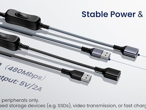 Text reads 'Stable Power & Reliable Link' and 'USB 2.0 Type-C & 3 bends'. Black charging or data cables with stable connectors displayed against light background.