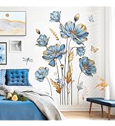 decalmile Large Blue Flower Wall Stickers Floral Butterfly Plants Gold Leaves Wall Decals Bedroom...