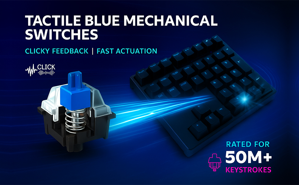 Text reads 'TACTILE BLUE MECHANICAL SWITCHES' and 'CLICKY FEEDBACK | FAST ACTUATION' and 'RATED FOR 50M+'. Marketing graphic showing blue mechanical keyboard switch with glowing effects.