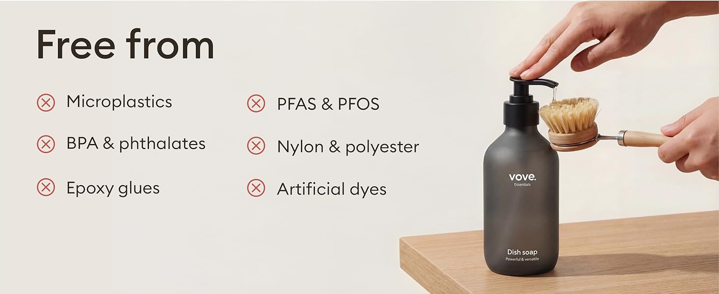 Text reads 'Free from: Microplastics, BPA & phthalates, PFAS & PFOS, Epoxy glues, Artificial dyes, Nylon & polyester'. Product marketing image showing sustainable or eco-friendly messaging.