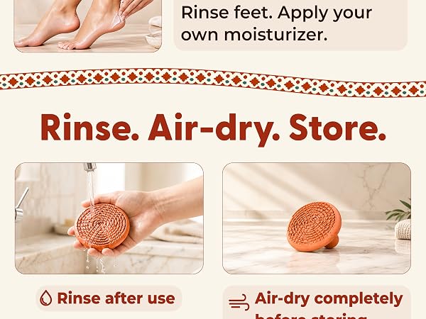 Applying foot cream, rinsing the terracotta foot scrubber, and leaving it to air-dry