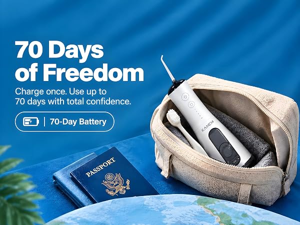 A white KAMEX travel water flosser inside a cosmetic bag featruing 70-day battery life.