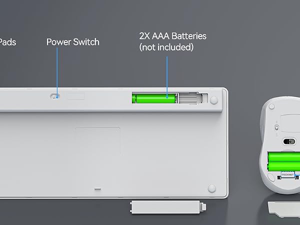 Wireless keyboard with anti-slip pads, power switch, and battery indicator. Accompanying wireless mouse with battery indicator and USB receiver. Both devices use AAA batteries.